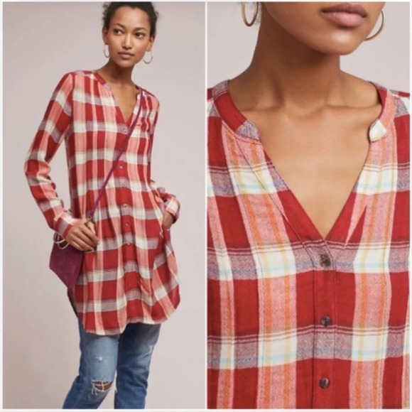 ANTHRO AKEMI + KIN Lucie Plaid Red Flannel Longlined Buttondown Top Tunic - Picture 2 of 10